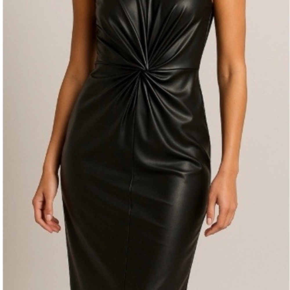 Sleek Black Faux Leather Twist-Front Midi Dress
